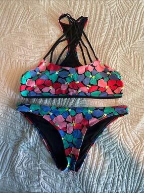 aerie Black Swim Bottom with Teal and Blue Trim